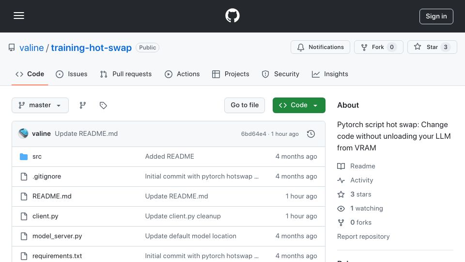 Screenshot of github.com: Show HN: Keep your PyTorch model in VRAM by hot swapping code