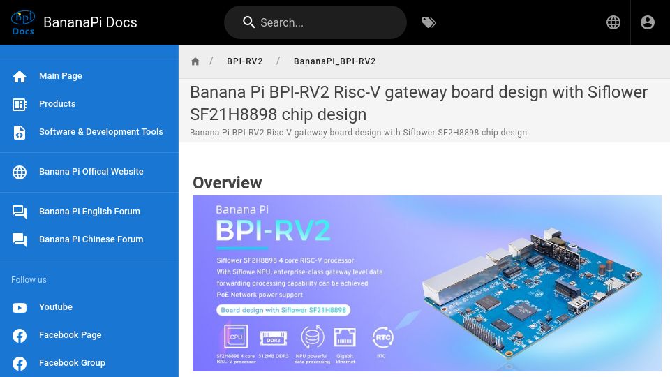 Screenshot of docs.banana-pi.org: Banana Pi BPI-RV2 RISC-V gateway board