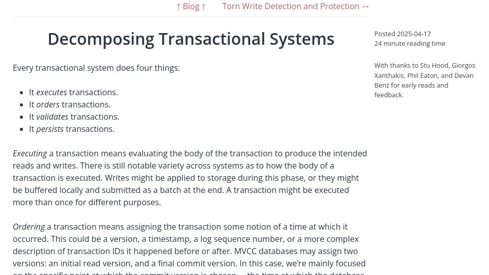 Screenshot of transactional.blog: Decomposing Transactional Systems