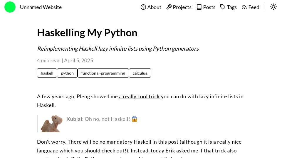 Screenshot of unnamed.website: Haskelling My Python