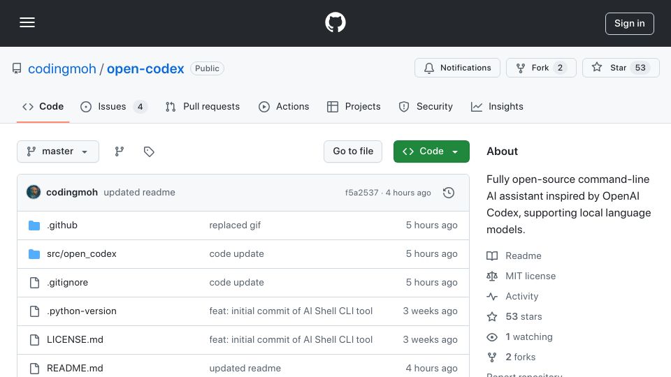 Screenshot of github.com: Show HN: Open Codex – OpenAI Codex CLI with open-source LLMs