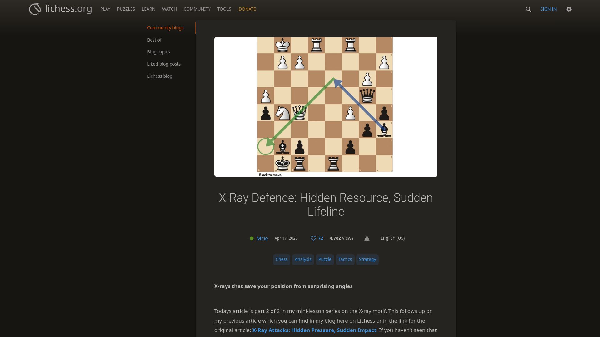 Screenshot of lichess.org: X-Ray Defence