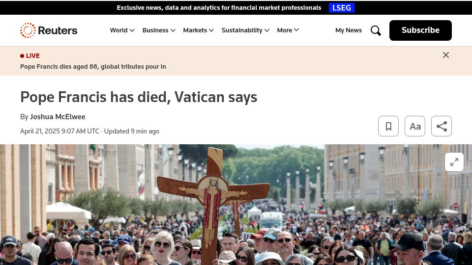 Screenshot of reuters.com: Pope Francis has died