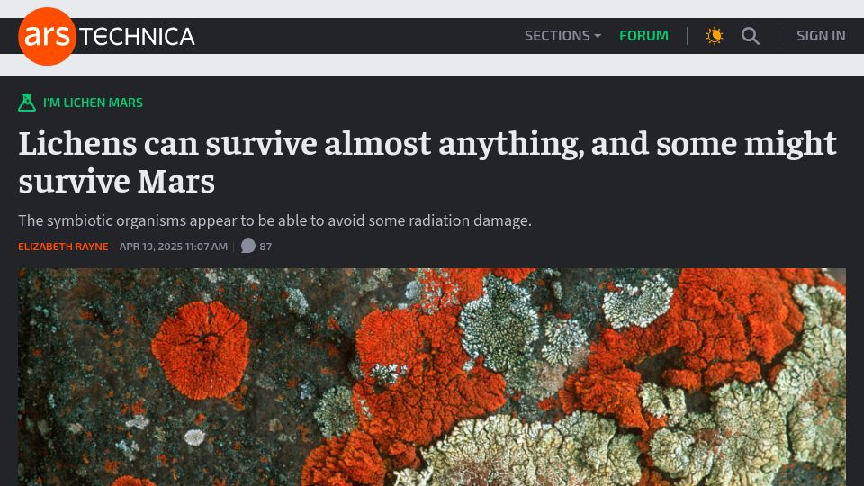 Screenshot of arstechnica.com: Lichens can survive almost anything, and some might survive Mars