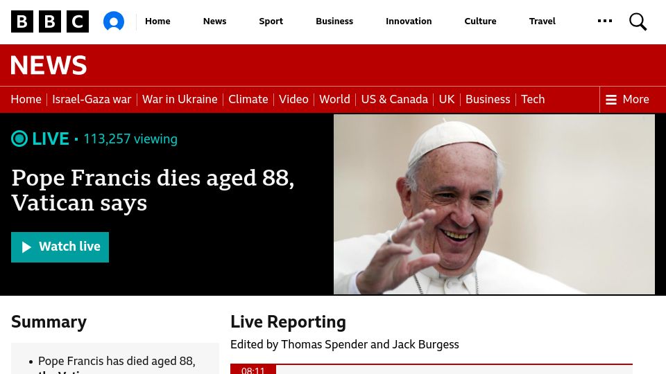 Screenshot of bbc.co.uk: Pope Francis has died