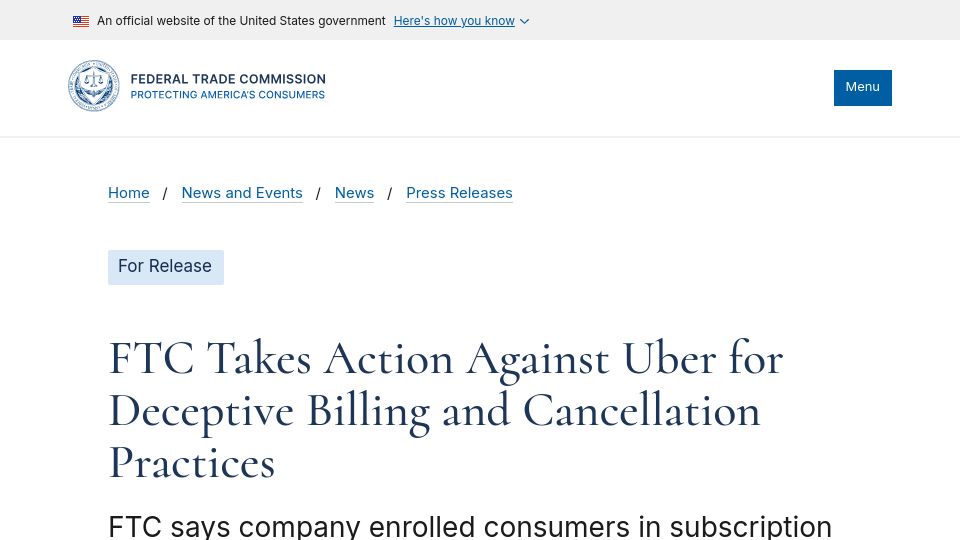 Screenshot of ftc.gov: FTC takes action against Uber for deceptive billing and cancellation practices