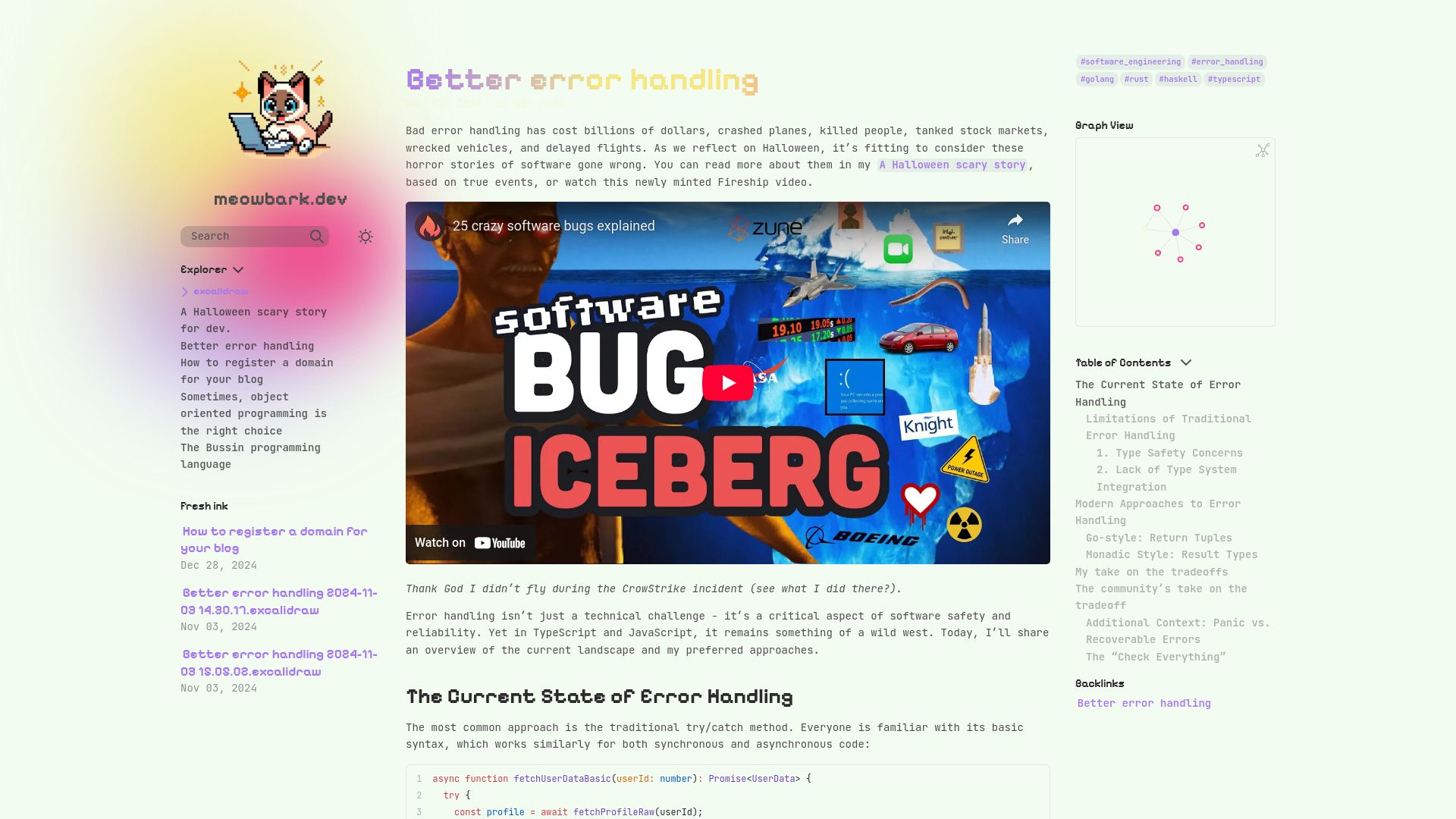Screenshot of meowbark.dev: Better Error Handling