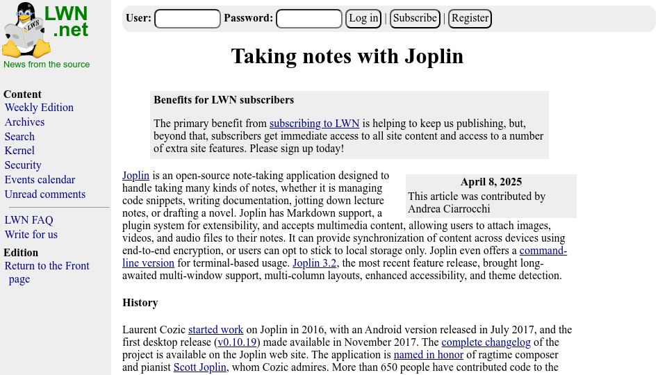 Screenshot of lwn.net: Taking Notes with Joplin