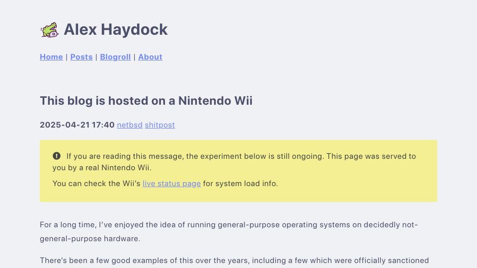 Screenshot of blog.infected.systems: Blog hosted on a Nintendo Wii