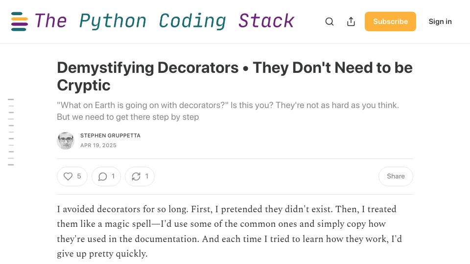 Screenshot of thepythoncodingstack.com: Demystifying decorators: They don't need to be cryptic