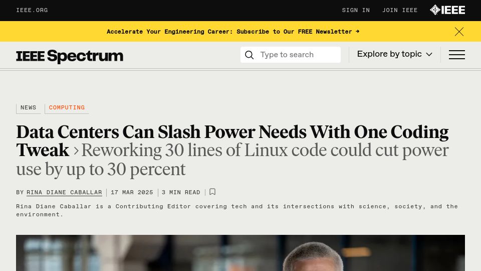 Screenshot of spectrum.ieee.org: Reworking 30 lines of Linux code could cut power use by up to 30 percent