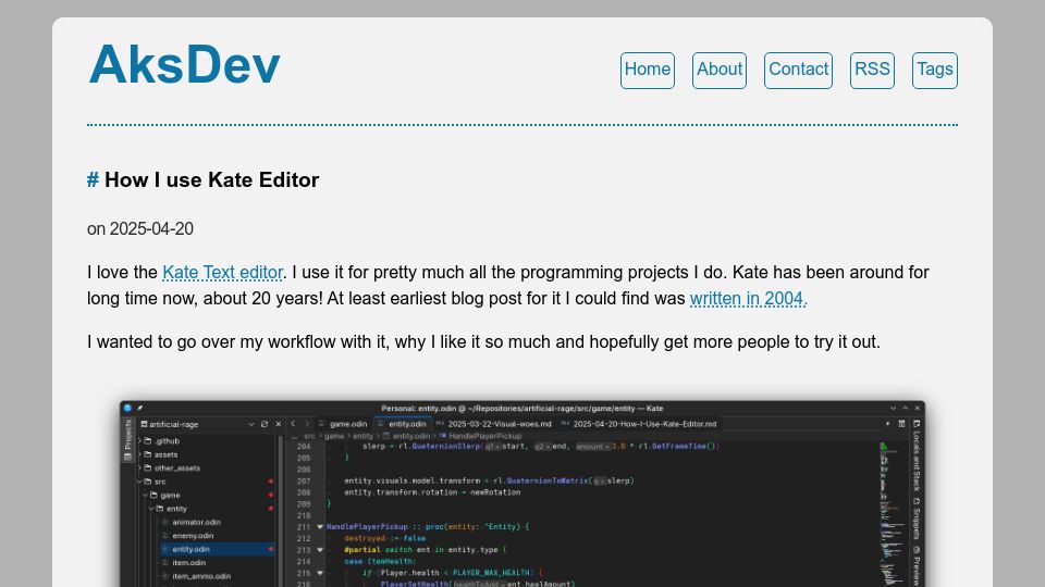 Screenshot of akselmo.dev: How I use Kate editor