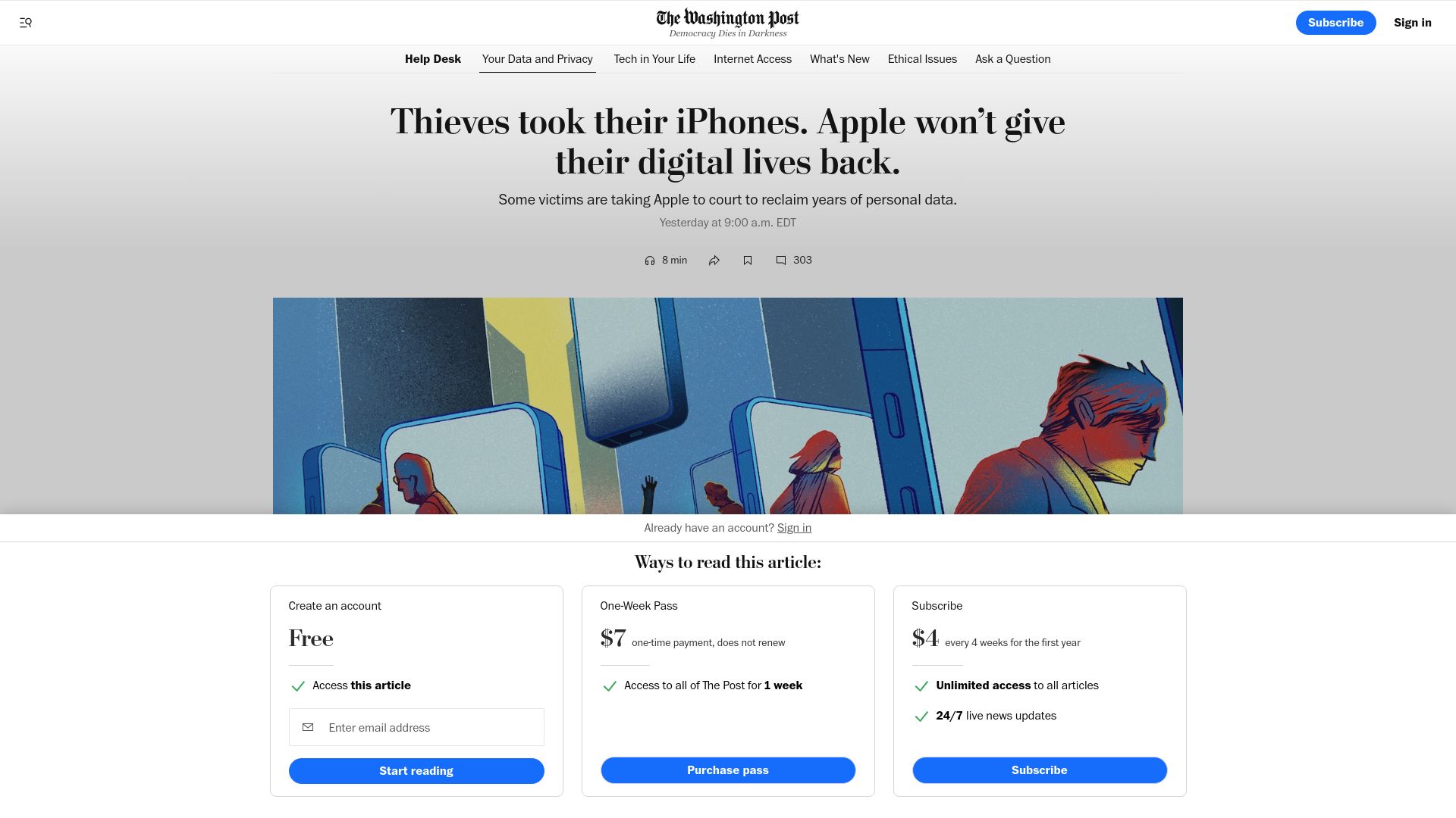 Screenshot of washingtonpost.com: Thieves took their iPhones. Apple won't give their digital lives back