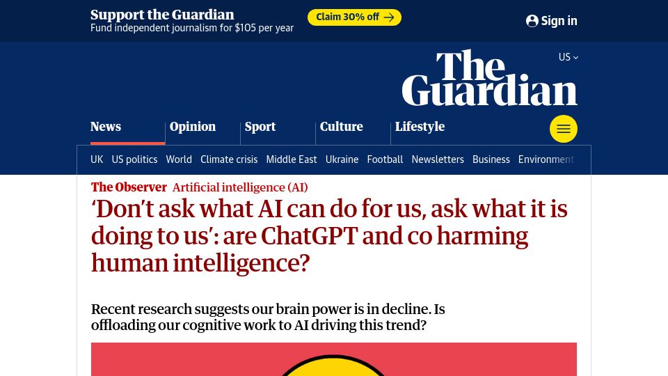 Screenshot of theguardian.com: Are ChatGPT and co harming human intelligence?