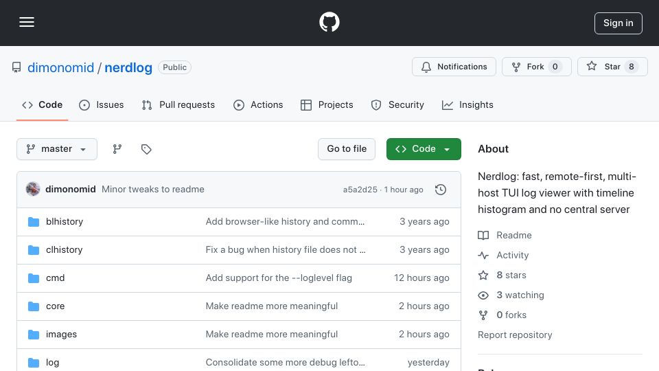 Screenshot of github.com: Show HN: Nerdlog – Fast, multi-host TUI log viewer with timeline histogram