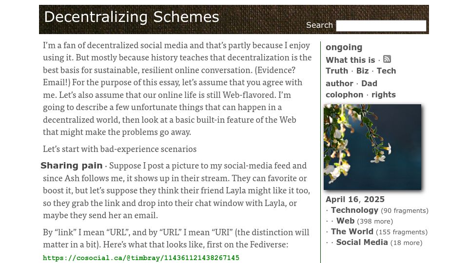 Screenshot of tbray.org: Decentralizing Schemes