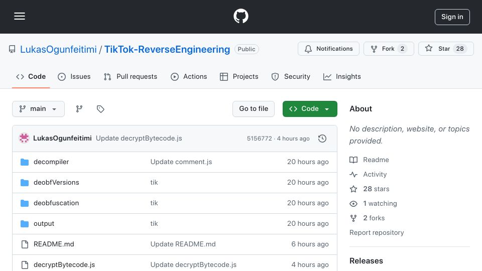 Screenshot of github.com: Reverse engineering the obfuscated TikTok VM