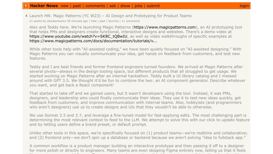 Screenshot of Hacker News post: Launch HN: Magic Patterns (YC W23) – AI Design and Prototyping for Product Teams