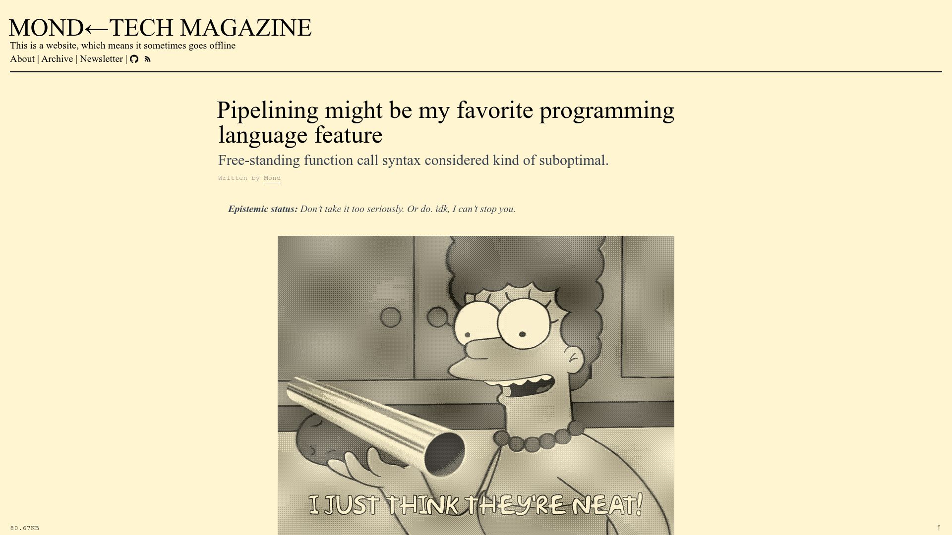 Screenshot of herecomesthemoon.net: Pipelining might be my favorite programming language feature