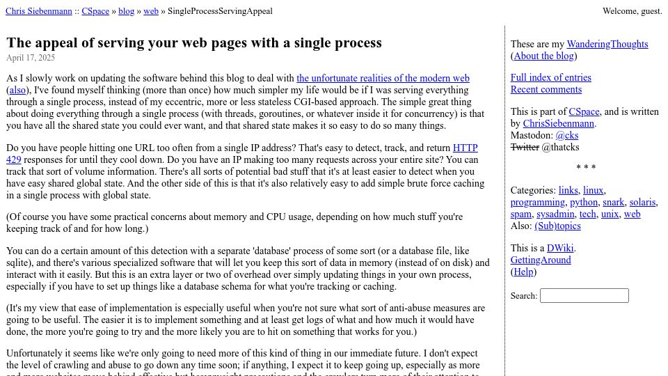 Screenshot of utcc.utoronto.ca: The appeal of serving your web pages with a single process