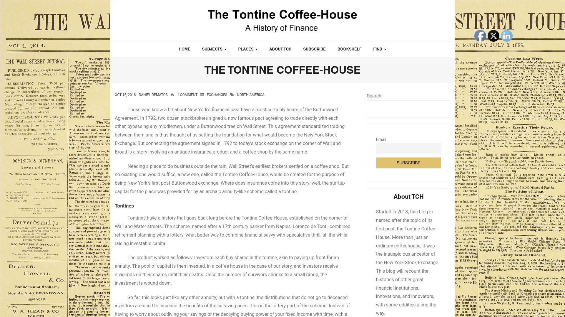 Screenshot of tontinecoffeehouse.com: The Tontine Coffee-House (2018)