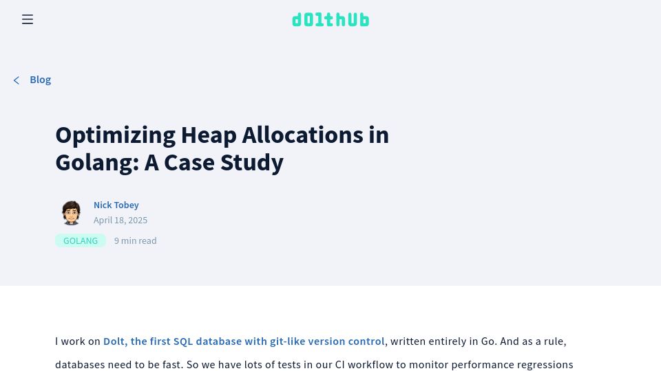 Screenshot of dolthub.com: Optimizing Heap Allocations in Go: A Case Study