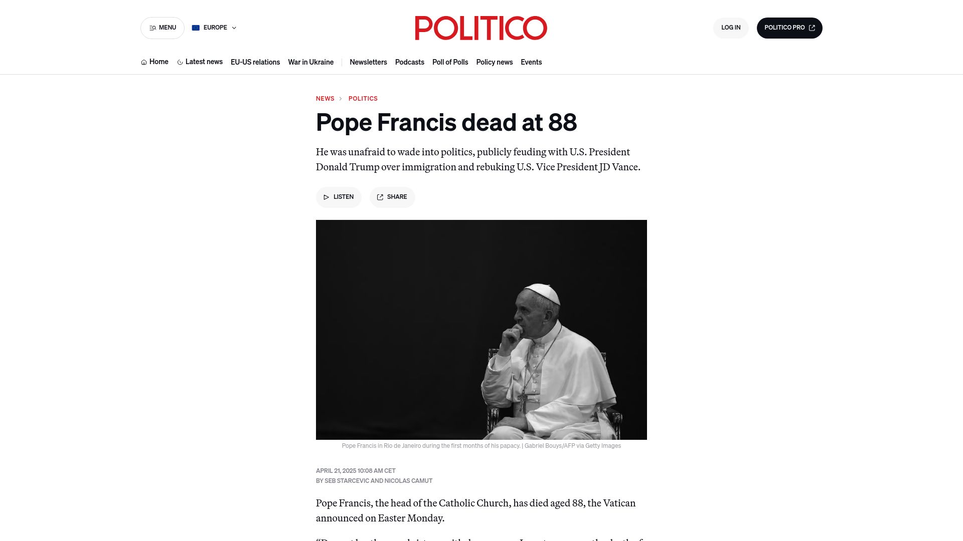 Screenshot of politico.eu: Pope Francis Dead at 88