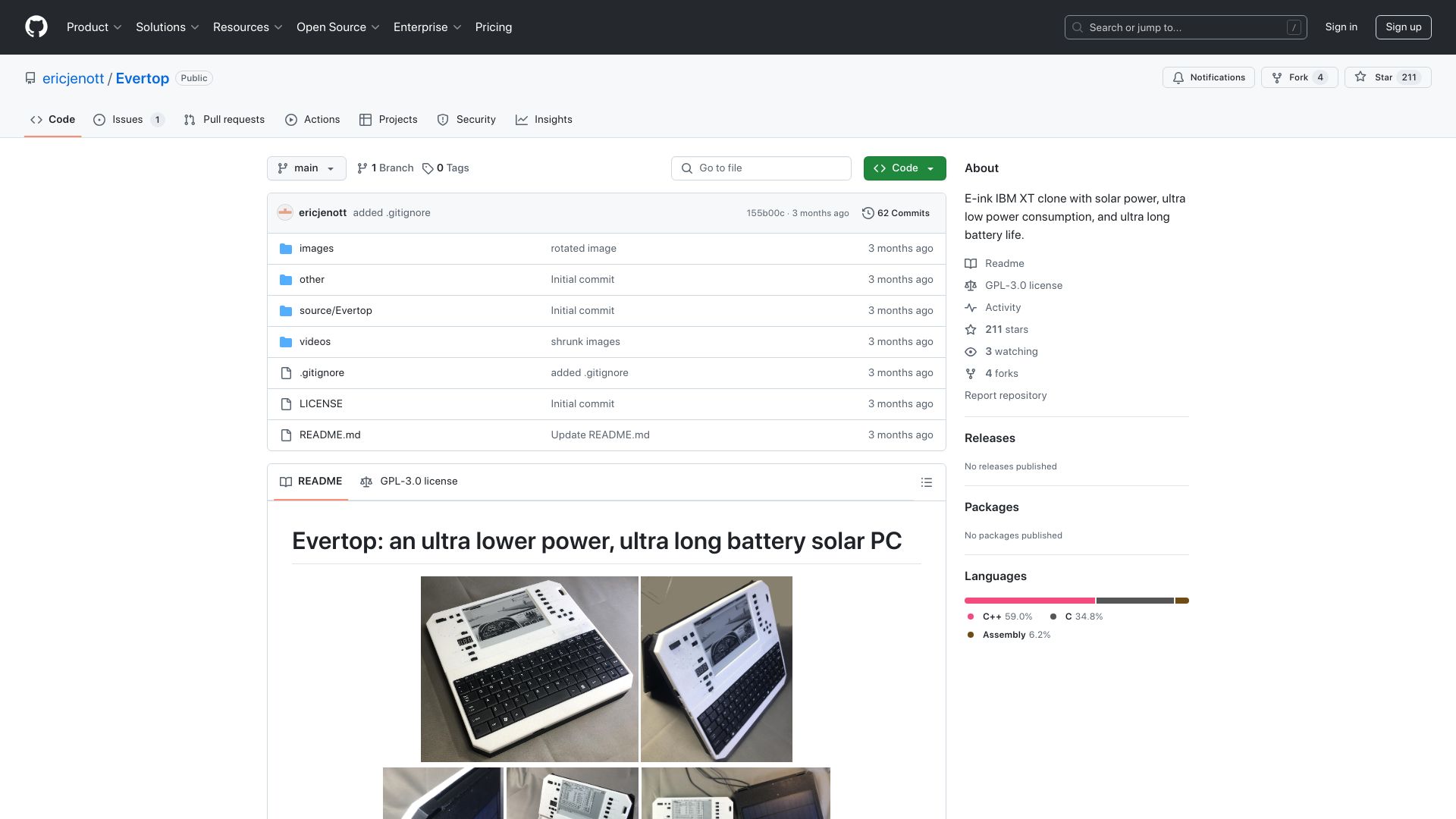 Screenshot of github.com: Evertop: E-ink IBM XT clone with 100+ hours of battery life