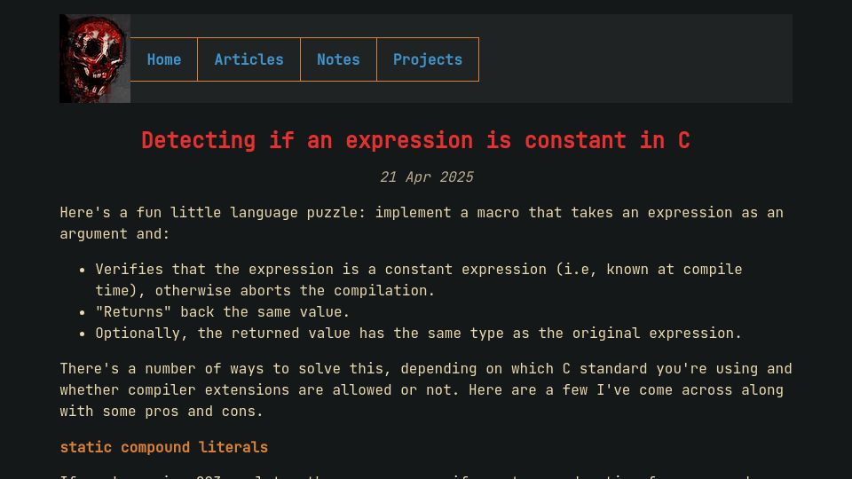 Screenshot of nrk.neocities.org: Detecting if an expression is constant in C