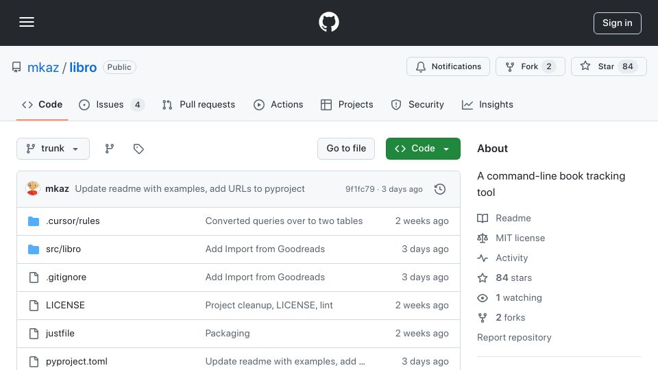 Screenshot of github.com: Libro: a command-line tool to track your books