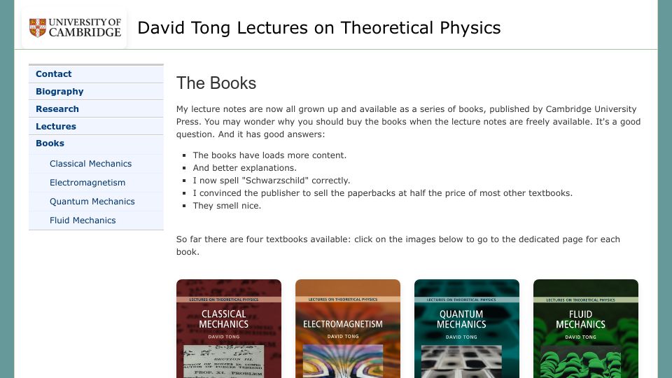 Screenshot of damtp.cam.ac.uk: David Tong Lectures on Theoretical Physics