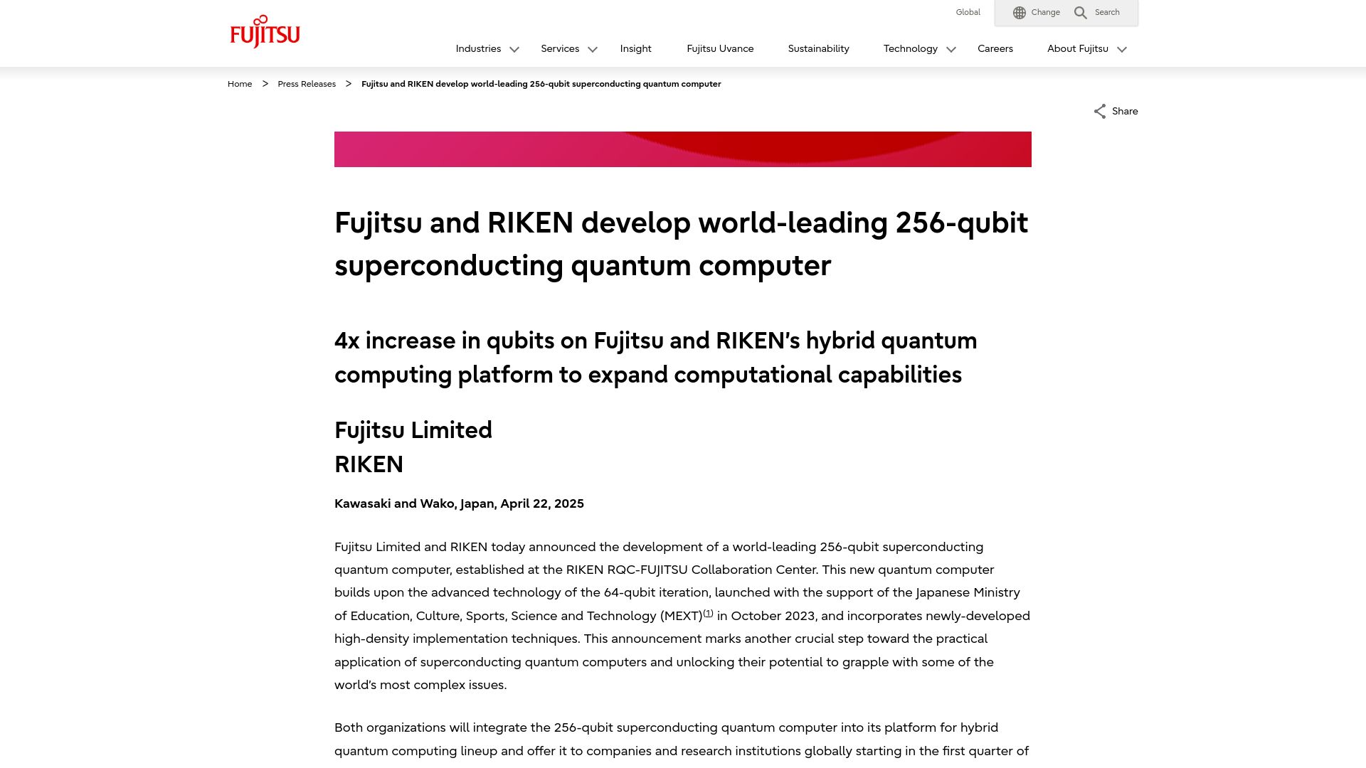 Screenshot of fujitsu.com: Fujitsu and RIKEN develop world-leading 256-qubit sup quantum computer