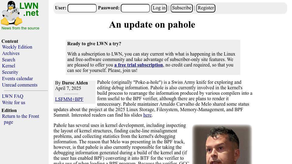 Screenshot of lwn.net: An Update on Pahole