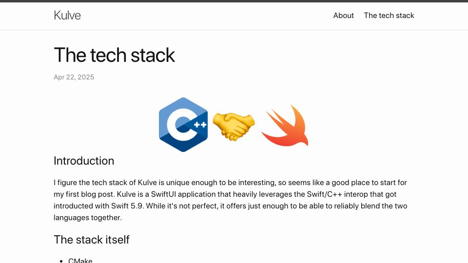Screenshot of kulve.org: I started a devblog about mixing SwiftUI and C++ to make a Twitch app