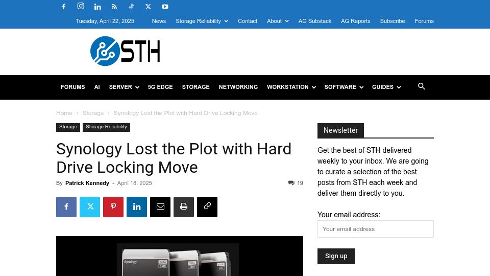 Screenshot of servethehome.com: Synology Lost the Plot with Hard Drive Locking Move