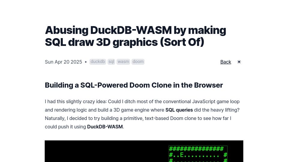 Screenshot of hey.earth: Abusing DuckDB-WASM by making SQL draw 3D graphics (Sort Of)