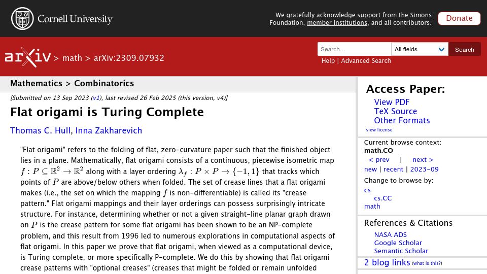 Screenshot of arxiv.org: Flat origami is Turing complete (2023)