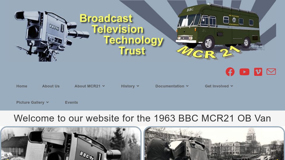 Screenshot of mcr21.org.uk: Welcome to our website for the 1963 BBC MCR21 OB Van