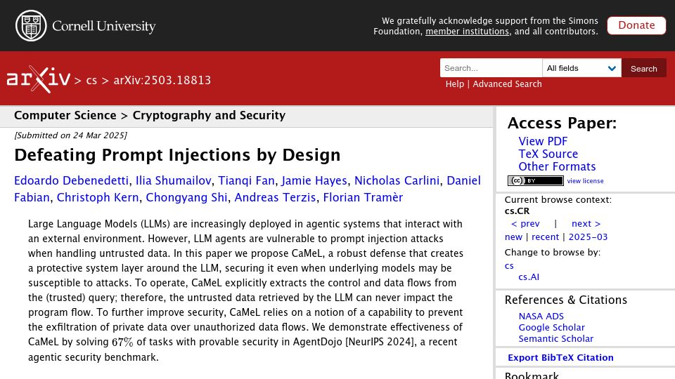 Screenshot of arxiv.org: CaMeL: Defeating Prompt Injections by Design