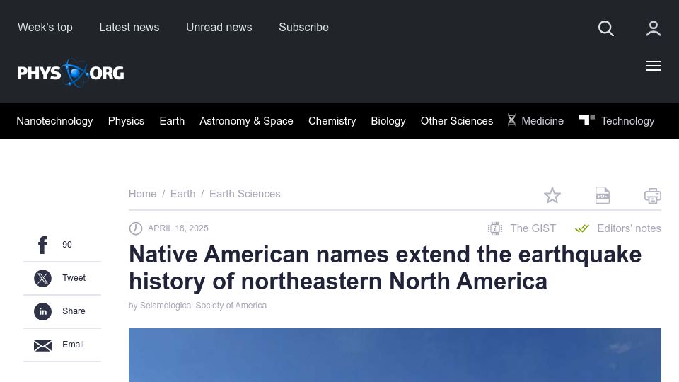 Screenshot of phys.org: Native American names extend earthquake history of northeastern North America