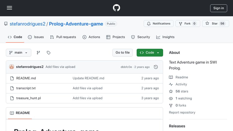 Screenshot of github.com: Prolog Adventure Game