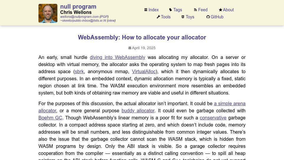 Screenshot of nullprogram.com: WebAssembly: How to Allocate Your Allocator