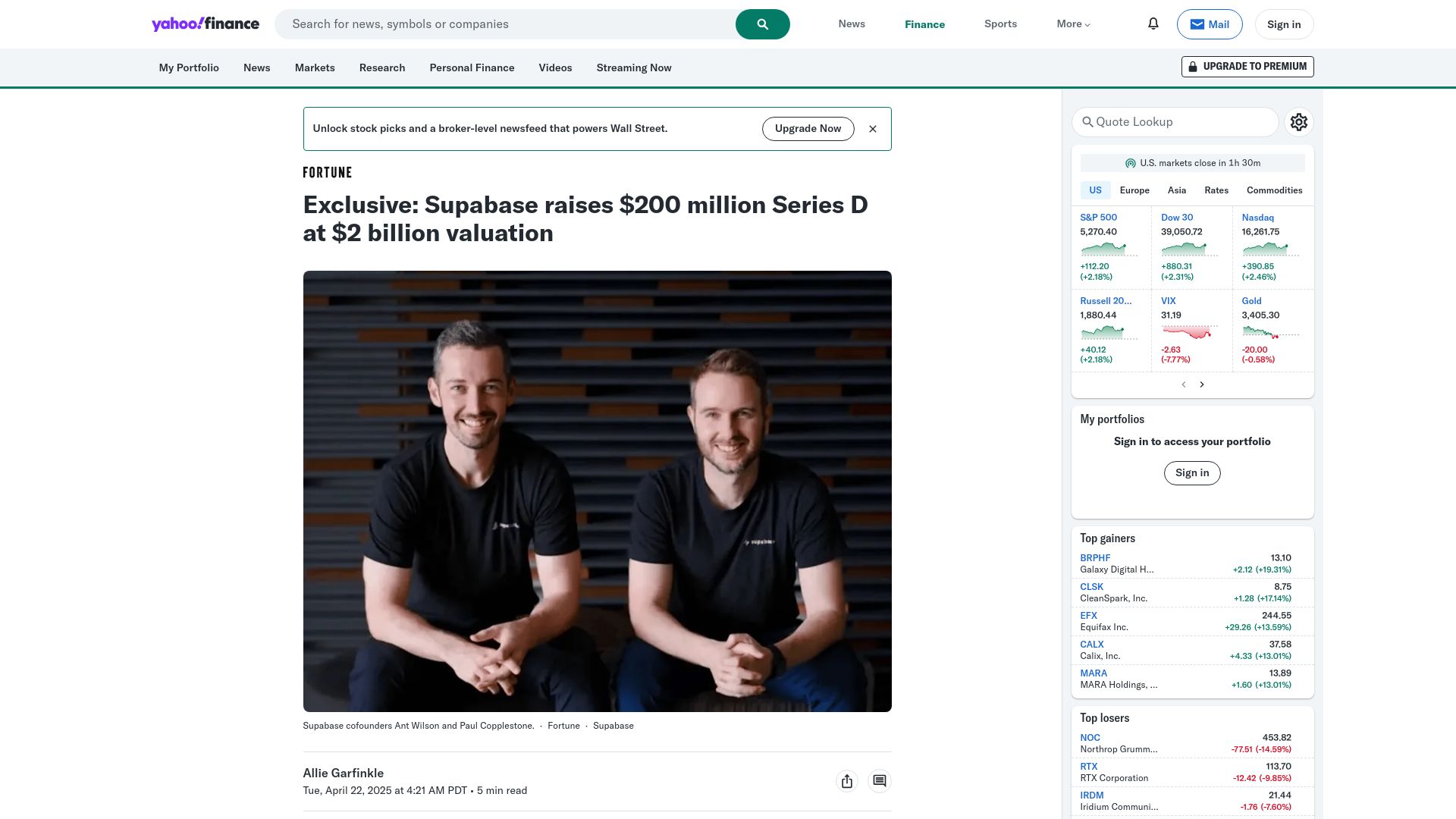 Screenshot of finance.yahoo.com: Supabase raises $200M Series D at $2B valuation