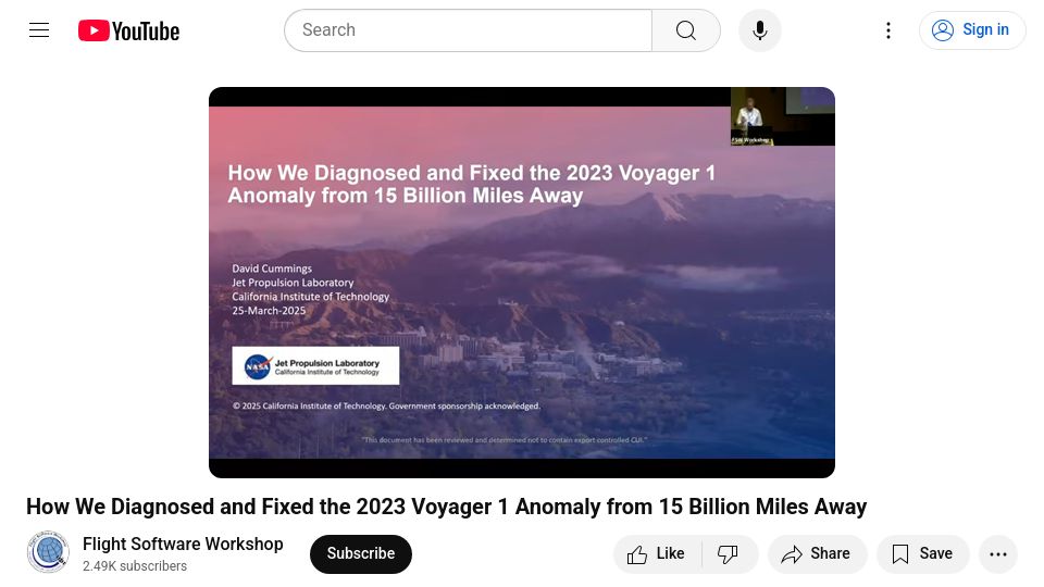 Screenshot of youtube.com: We Diagnosed and Fixed the 2023 Voyager 1 Anomaly from 15B Miles Away [video]