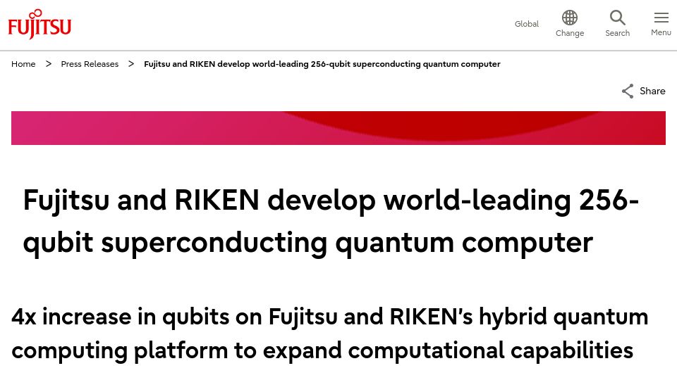 Screenshot of fujitsu.com: Fujitsu and RIKEN develop world-leading 256-qubit sup quantum computer