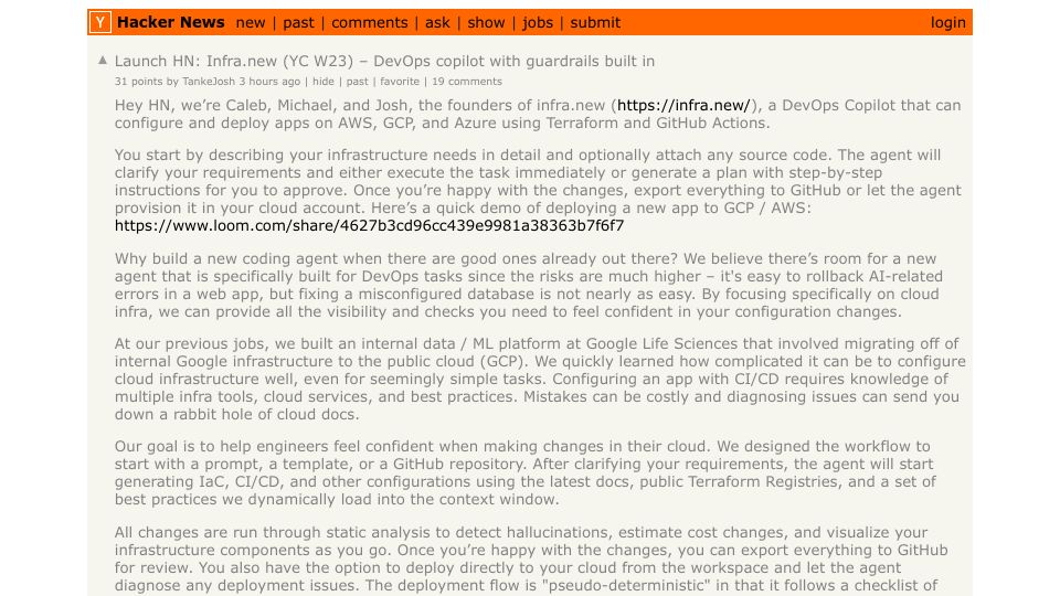 Screenshot of Hacker News post: Launch HN: Infra.new (YC W23) – DevOps copilot with guardrails built in