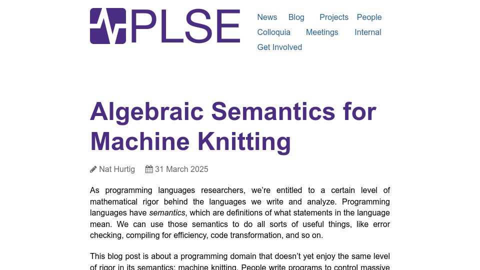 Screenshot of uwplse.org: Algebraic Semantics for Machine Knitting