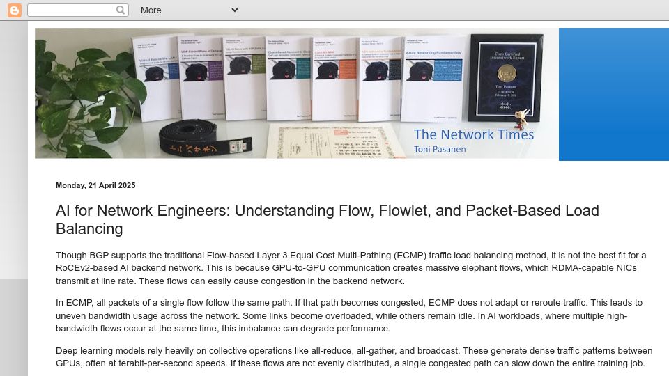 Screenshot of nwktimes.blogspot.com: AI for Network Engineers: Understanding Flow, Flowlet, and Packet-Based LB