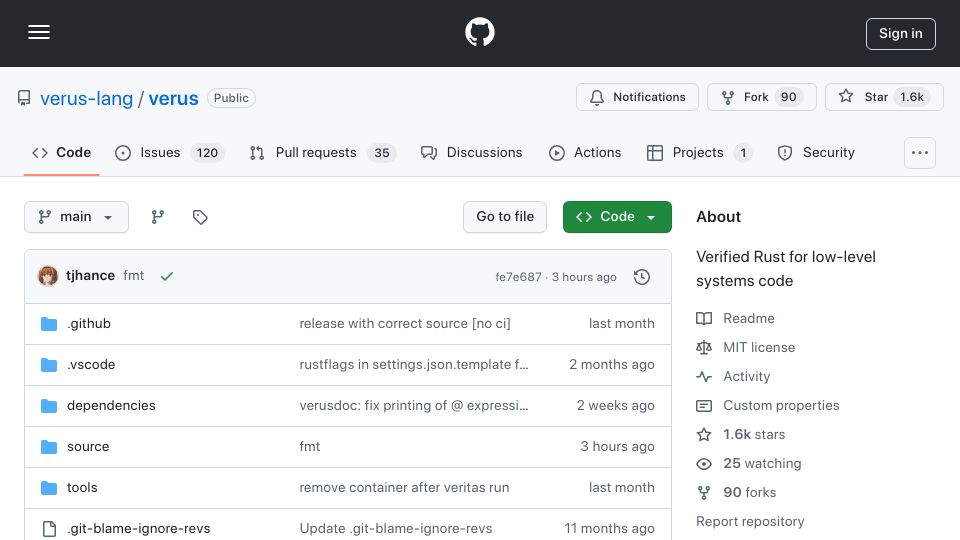 Screenshot of github.com: Verus: Verified Rust for low-level systems code
