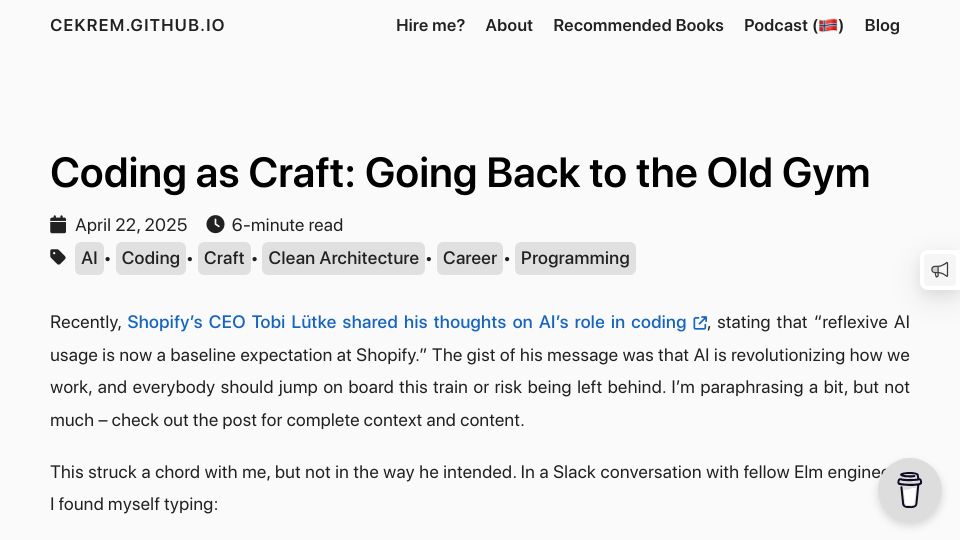 Screenshot of cekrem.github.io: Coding as Craft: Going Back to the Old Gym